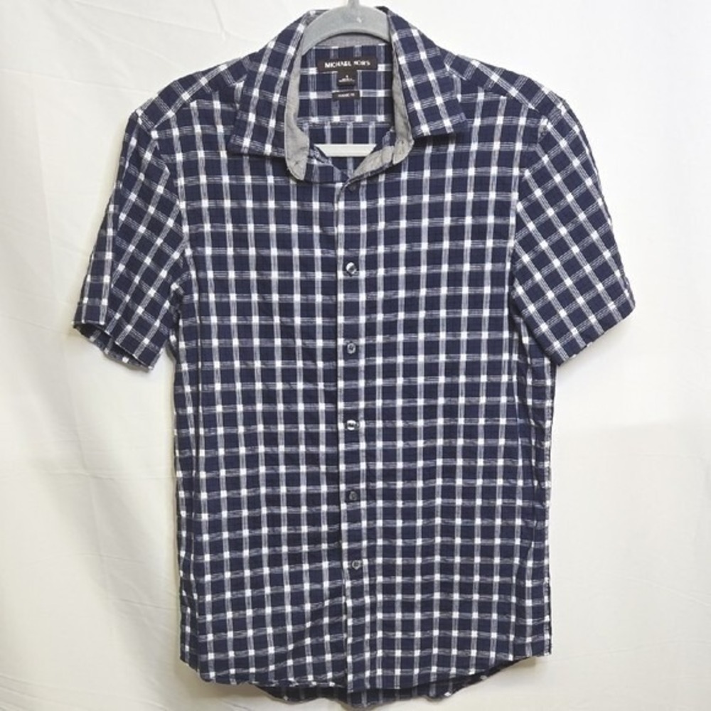 Michael Kors Classic Fit Short Sleeve Button Down, Blue White Check Plaid, Small